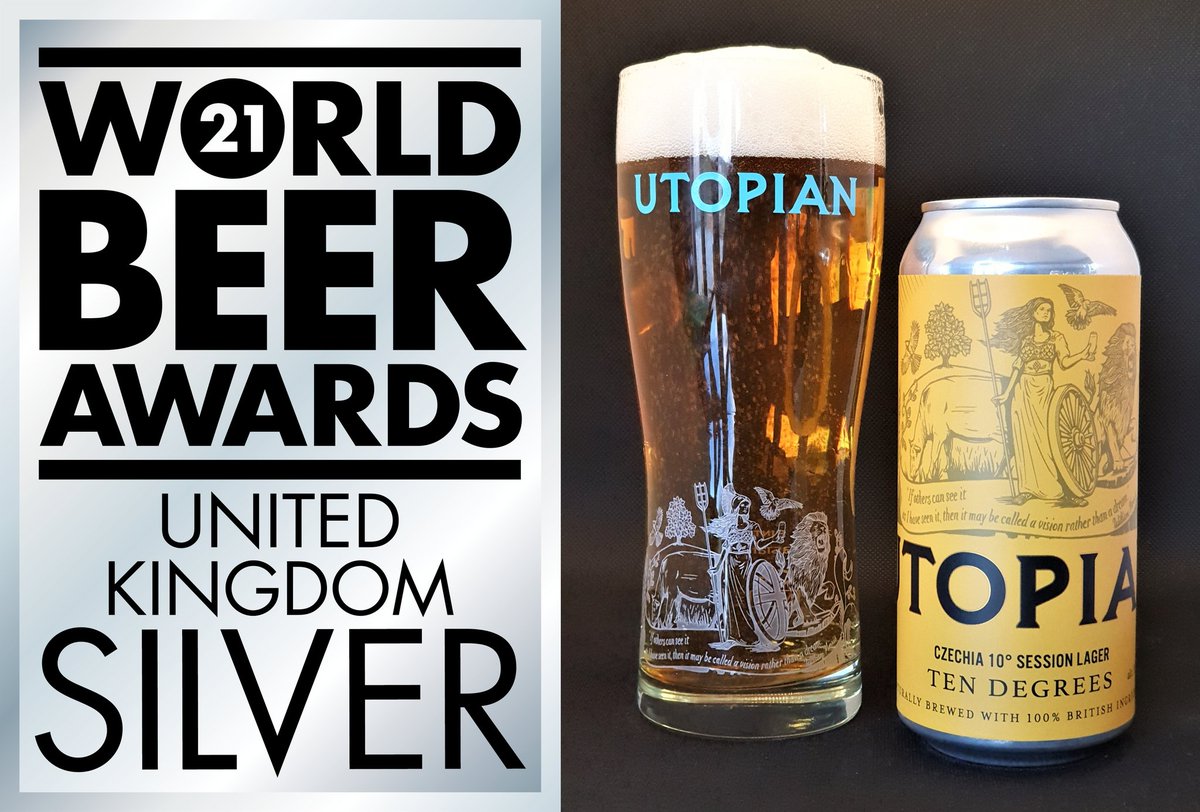 TeamUtopian's tweet photo. Fantastic that our Ten Degrees has been recognised with a silver in UK round of the Workd Beer Awards. Decoction mash gives this 3.9% beer much more body and flavour than typical in sub 4% beer Another great job by our brewery team #worldbeerawards #discoverutopian #sessionlager https://t.co/lKtVozGuHv