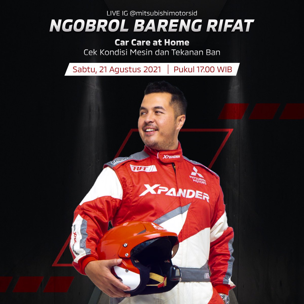Mitsubishi_ID's tweet photo. Yuk tonton IG Live bareng Rifat Sungkar hari Sabtu, jam 5 sore! @Rifato bakal kasih tips and trick cek kondisi mesin dan tekanan ban! 

Jangan sampai kelewatan ya!

#MitsubishiFamily #StayWithMi https://t.co/dNaV65MLMa