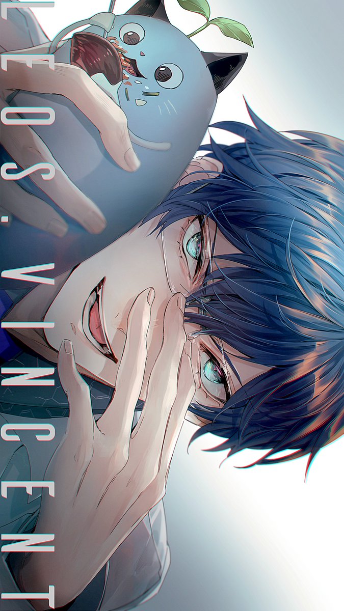 1boy male focus blue hair looking at viewer blue eyes open mouth short hair  illustration images