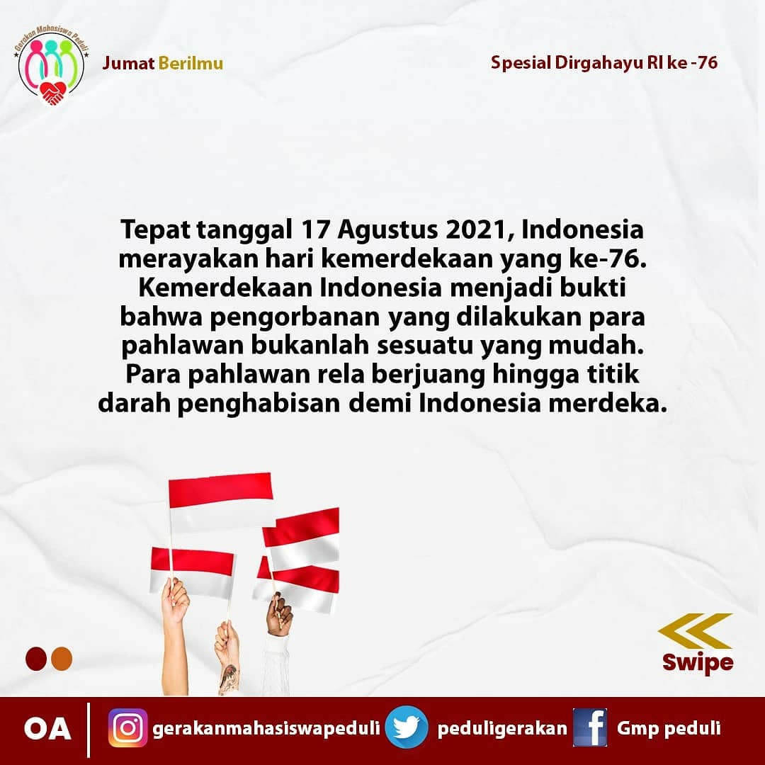 PeduliGerakan's tweet photo. [ P e r j u a n g a n ]
Kemerdekaan bukanlah akhir perjuangan suatu bangsa, melainkan awal dari perjuangan selanjutnya. https://t.co/8zZAykZZRJ