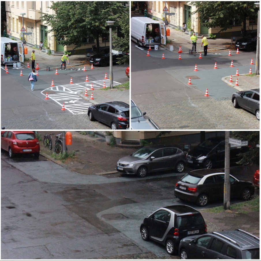 Local Government Fail: In Berlin a local parliament passed a measure 4 YEARS AGO requiring pedestrian markings at intersections to increase safety. The district administration failed to implement the measure.
Neighbors did it themselves, &amp; WITHIN DAYS, authorities paint over them