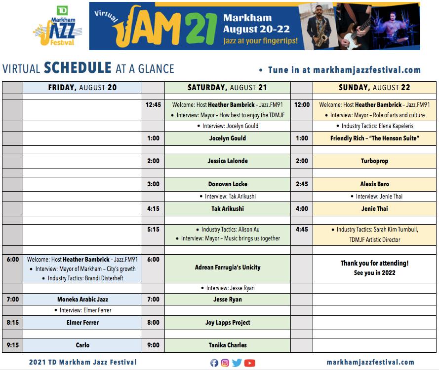 ** IT ALL STARTS TODAY 6PM ! **
24th TD Markham Jazz Festival "Virtual JAM 21"
3 Days! 15 Shows! Artists Interviews! Something for everyone! Pick your shows or stay the weekend! Info &amp; show access markhamjazzfestival.com click on "FESTIVAL LINK"
Enjoy!
