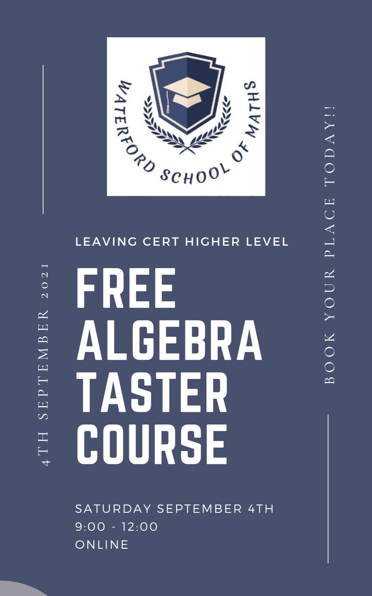 WDschoolofmaths's tweet photo. EXCITING NEWS!!!
We are delighted to announce our FREE Algebra Taster Course on Saturday the 4th of September!! This is available for ALL Leaving Cert Higher Level students.

All we need is your name and email address to secure your place:
https://t.co/rAFRuLCV1B
1/2 https://t.co/qVGhbi0git
