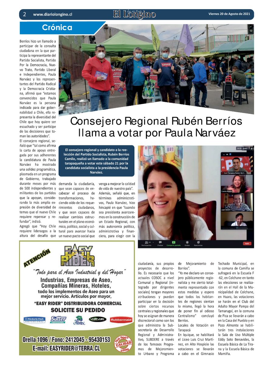 En Iquique, Core <a href="/RubenBerriosC/">RUBEN BERRIOS CAMILO</a> llama a votar por Paula Narváez (<a href="/paulanarvaezo/">Paula Narváez</a>): "Hoy Chile requiere liderazgos a la altura del desafío que demanda la ciudadanía"
#PaulaPresidenta
#YoVotoNarvaez
<a href="/ElLongino/">Diario El Longino</a>