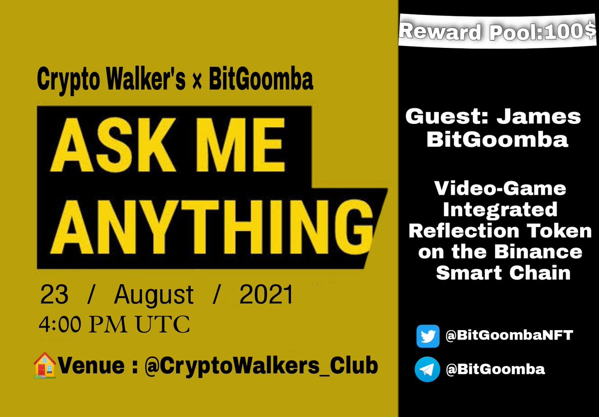 Crypto Walker's Presents , #AMA With InfoMatix on 23th August 2021 |4:00 PM UTC|

VENUE: t.me/CryptoWalkers_…

REWARDS: $100 

RULES
1. Follow in Twitter 
@Crypto_Walkers_ @BitGoombaNFT
2. Like and retweet

3. Comment Questions by Tagging 3 Friends( Max 5 )