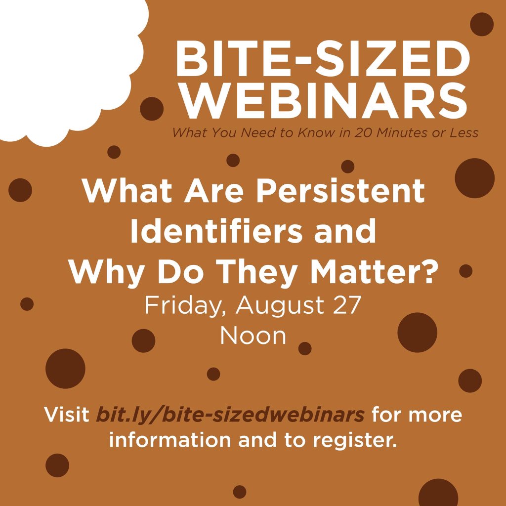 Next Friday at noon, Head of Research Data Services Jen Ferguson and Digital Repository Manager Sarah Sweeney will give an overview of persistent identifiers and why they're important in this #BiteSizedWebinar.

For more information and to register, visit northeastern.libcal.com/event/8028335.