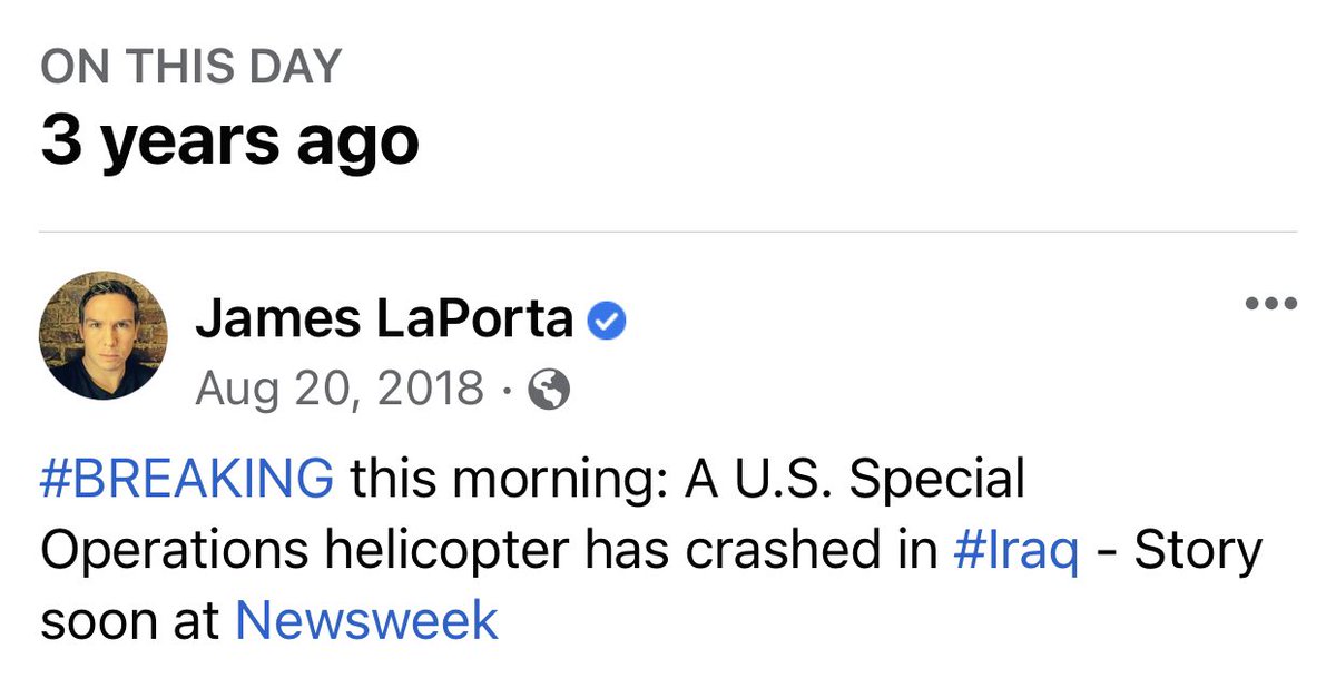 A reminder from Facebook this morning. Here’s the story I wrote about it. U.S. Army Chief Warrant Officer 3 Taylor Galvin, 34, of Spokane, Washington, was killed in the crash. He was a pilot assigned to the elite 160th Special Operations Aviation Regiment. https://t.co/58WX0PvzLf https://t.co/X2eVFTWxLX