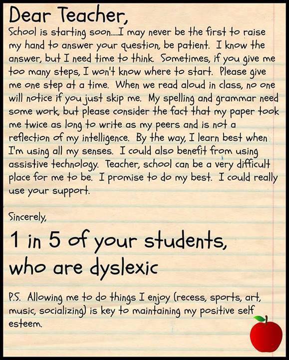 An introduction letter for your child can be a great way to let your child's teacher know about their dyslexia, and strategies that will help them thrive in the classroom! Thanks to Dyslexia Awareness for sharing this graphic. #Dyslexia #ADHD #Dysgraphia