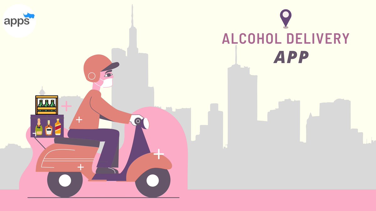 AppsRhino logo, A delivery executive is in the delivery vehicle carrying the alcohol, liquor, and drinks on the way to the delivery location. Behind there is the whole city. Intending to suggest that they deliver all over the city.
