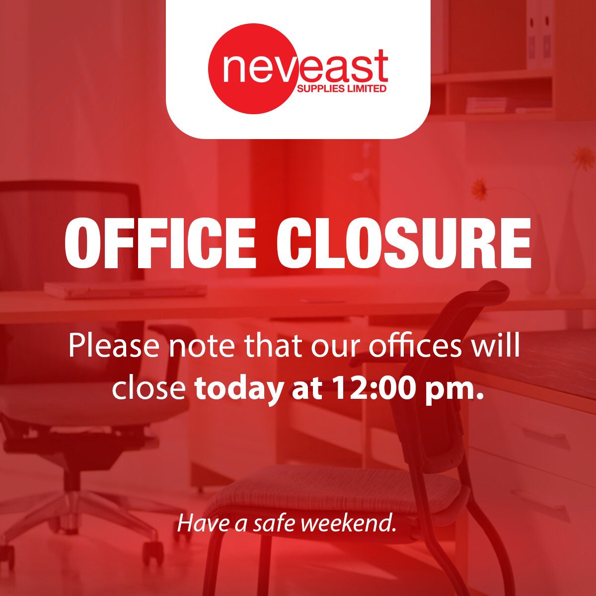 neveast's tweet photo. Please note that both our #Kingston and #MontegoBay offices will close at 12pm today. 

This comes following the new lockdown orders given by the GOJ. 
Have a safe weekend. #neveast https://t.co/KFeU3erHsY