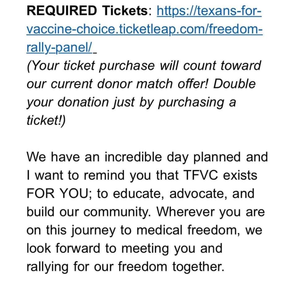TXforVaxChoice's tweet photo. 💥 FINAL DETAILS FOR OUR RALLY 💥
Tickets can be found here: https://t.co/Vo7R2UrYh1
We’re excited to join you all in the fight for medical freedom! #tfvc #thechoiceshouldbeyours https://t.co/IjJqHLymJ1