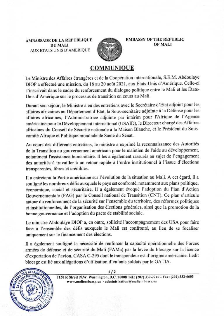 MaliEmbassyUSA's tweet photo. Communiqué à l’issue de la visite de travail qu’a effectué du 16 au 20 Août 2021 aux #USA🇺🇸 S.E.M @AbdoulayeDiop8, Ministre des Affaires Étrangères et de la Coopération Internationale du #Mali🇲🇱. https://t.co/huxN5YUGHJ