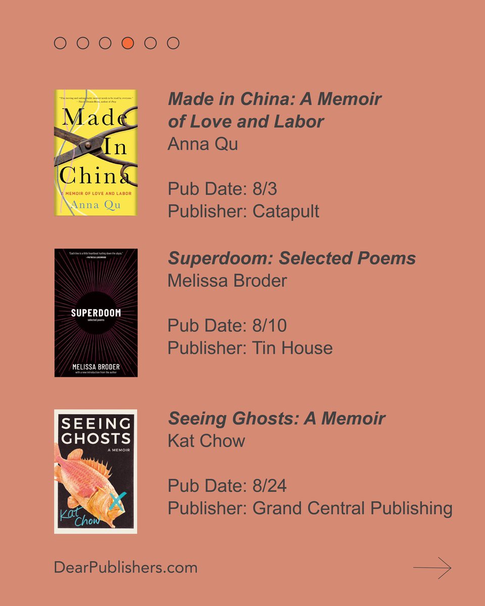 DearPublishers's tweet photo. Made in China: A Memoir of Love and Labor by Anna Qu, pub date 8/3, @CatapultStory; Superdom: Selected Poems, pub date 8/10, @Tin_House; Seeing Ghosts: A Memoir by Kat Chow, pub date 8/24, @GrandCentralPub. 

#SupportDiverseAuthors #Publishing #SmallPublishers https://t.co/EZJWfhxSwP