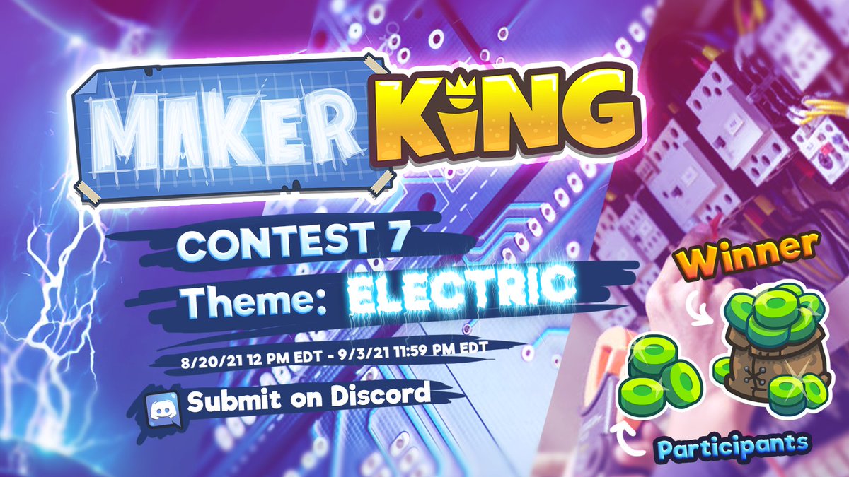 The 7th contest for MakerKing is live! Theme: ELECTRIC.  This is your chance to win some free frisbee coins.

Join our discord for more info: discord.gg/makerking
MakerKing on Steam: store.steampowered.com/app/1518440/Ma…

#contest #win #gamedev #indiegamedev #indiegaming #gaming