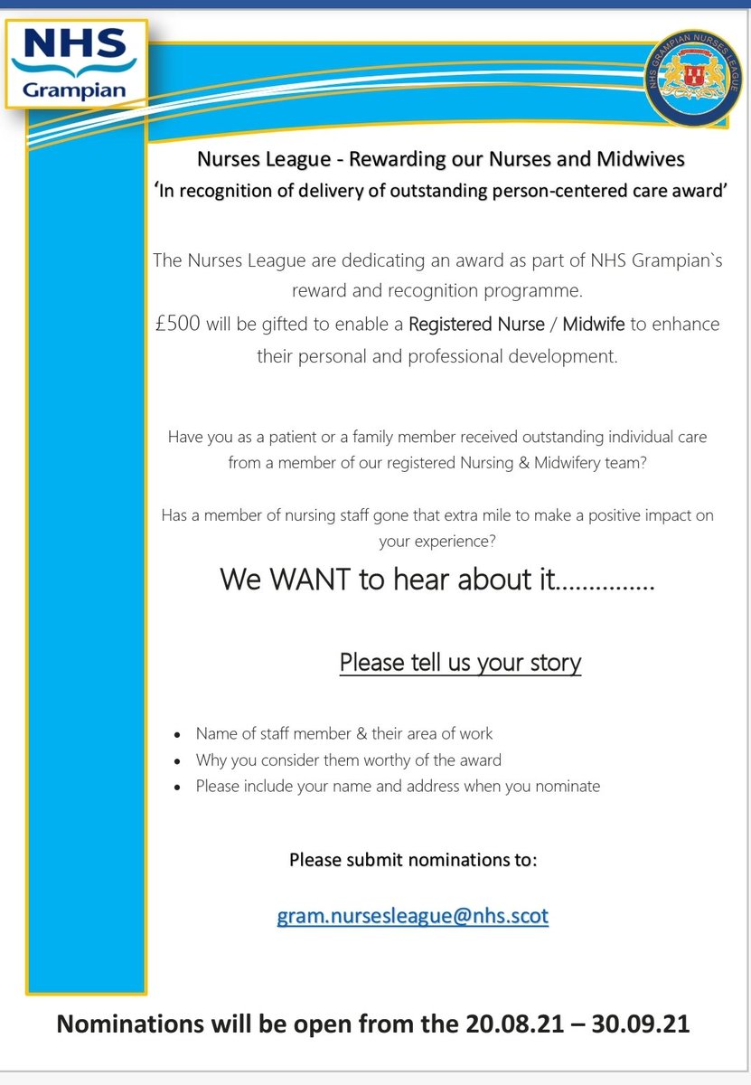 All care receivers. Nominate a nurse or midwife that you have had outstanding individual care from in Grampian.
