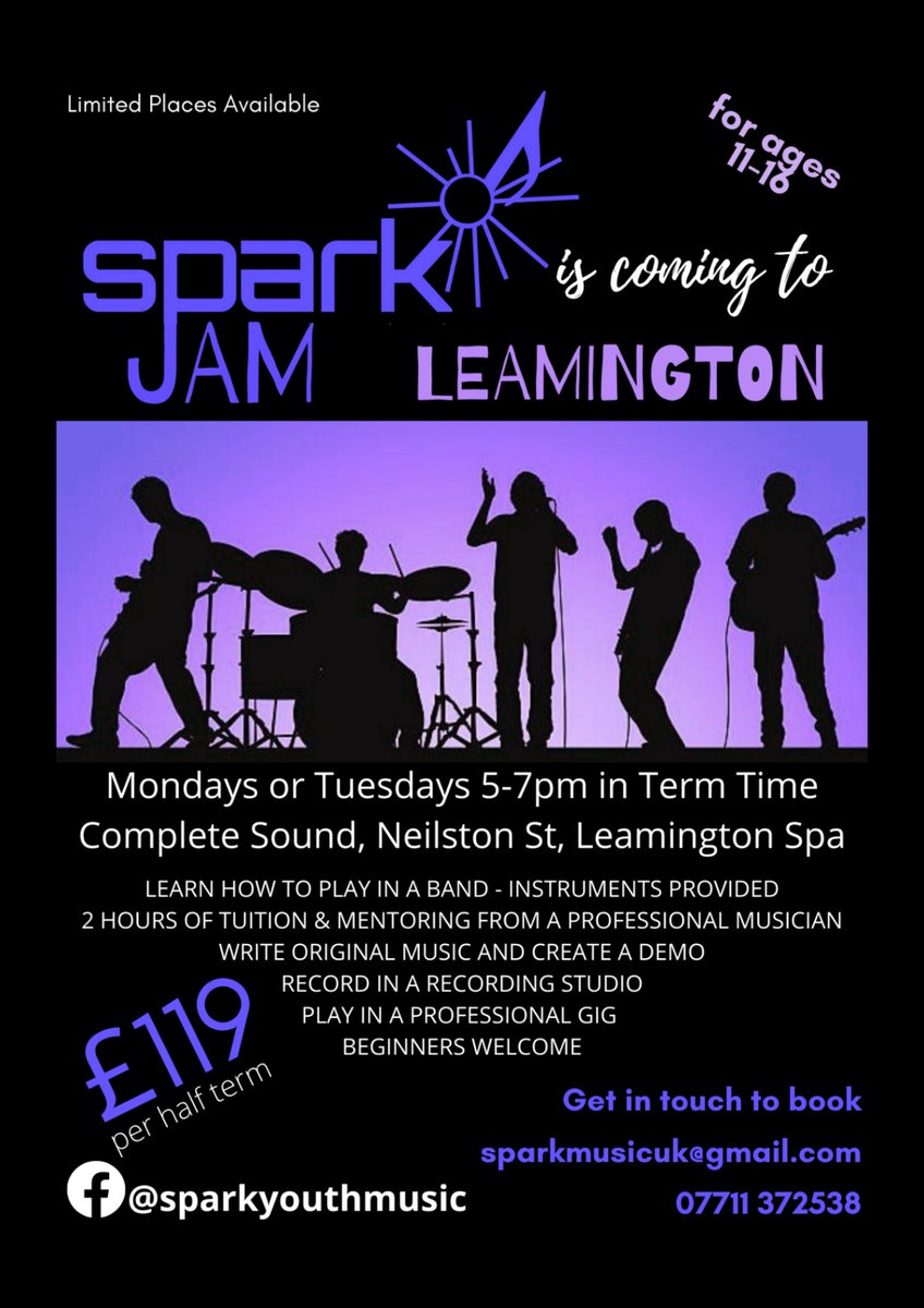 "SPARK Jam" is coming to Complete Sound Leamington! Join a band - beginners welcome - ages 11-16 - 2 hrs of pure band tech from a professional musician - equipment provided - write &amp; record original music - record demo - record in a recording studio - play in a professional gig