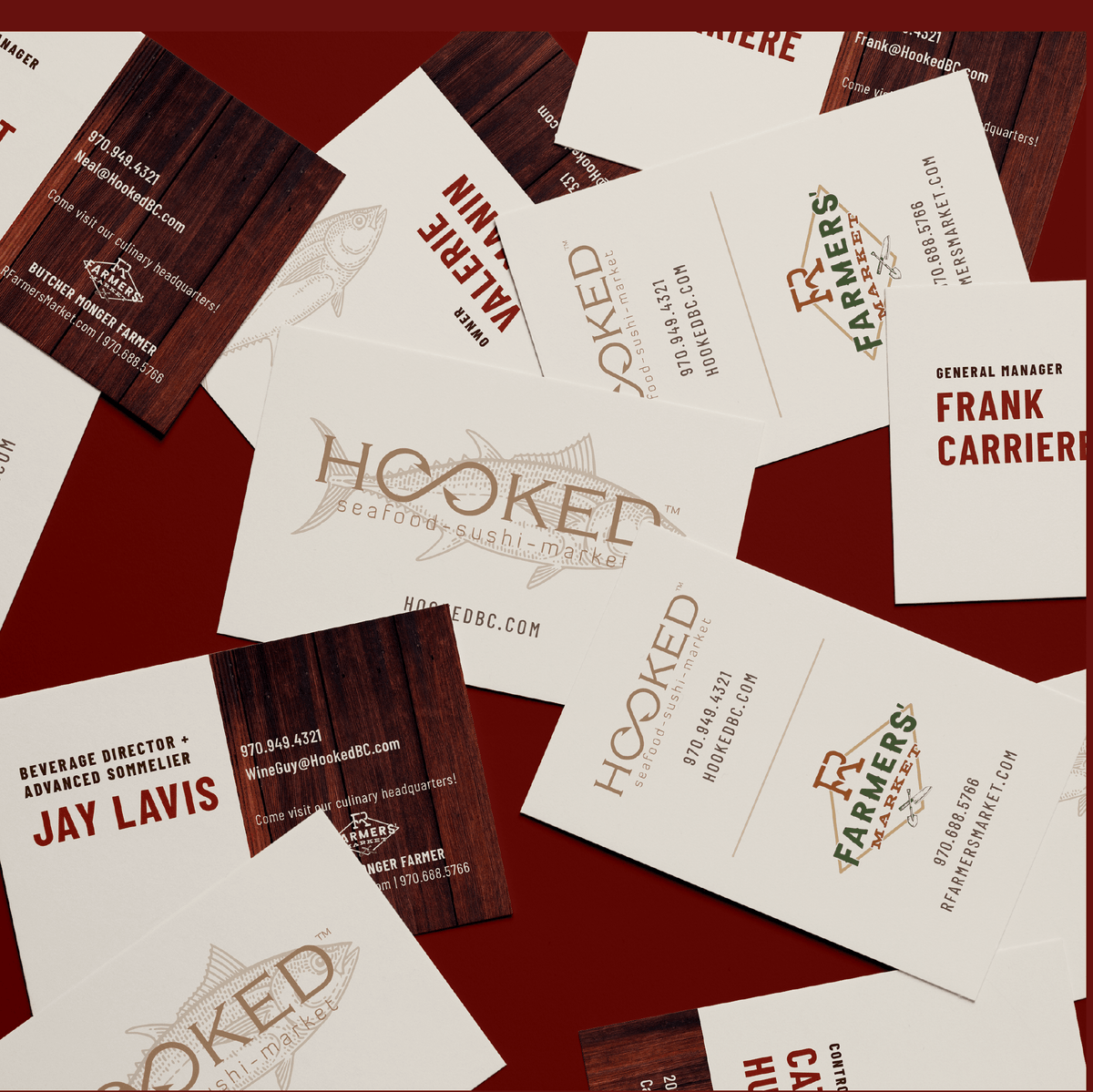 Avid_DESIGN's tweet photo. We took these guys on a redesign journey, infusing a delicate wood backdrop into their print items to mirror the decor of Hooked and R Farmers' Market. Both of these establishments have a presence on their new business cards, which are now the new calling card for local foodies! https://t.co/uOY5mdm589