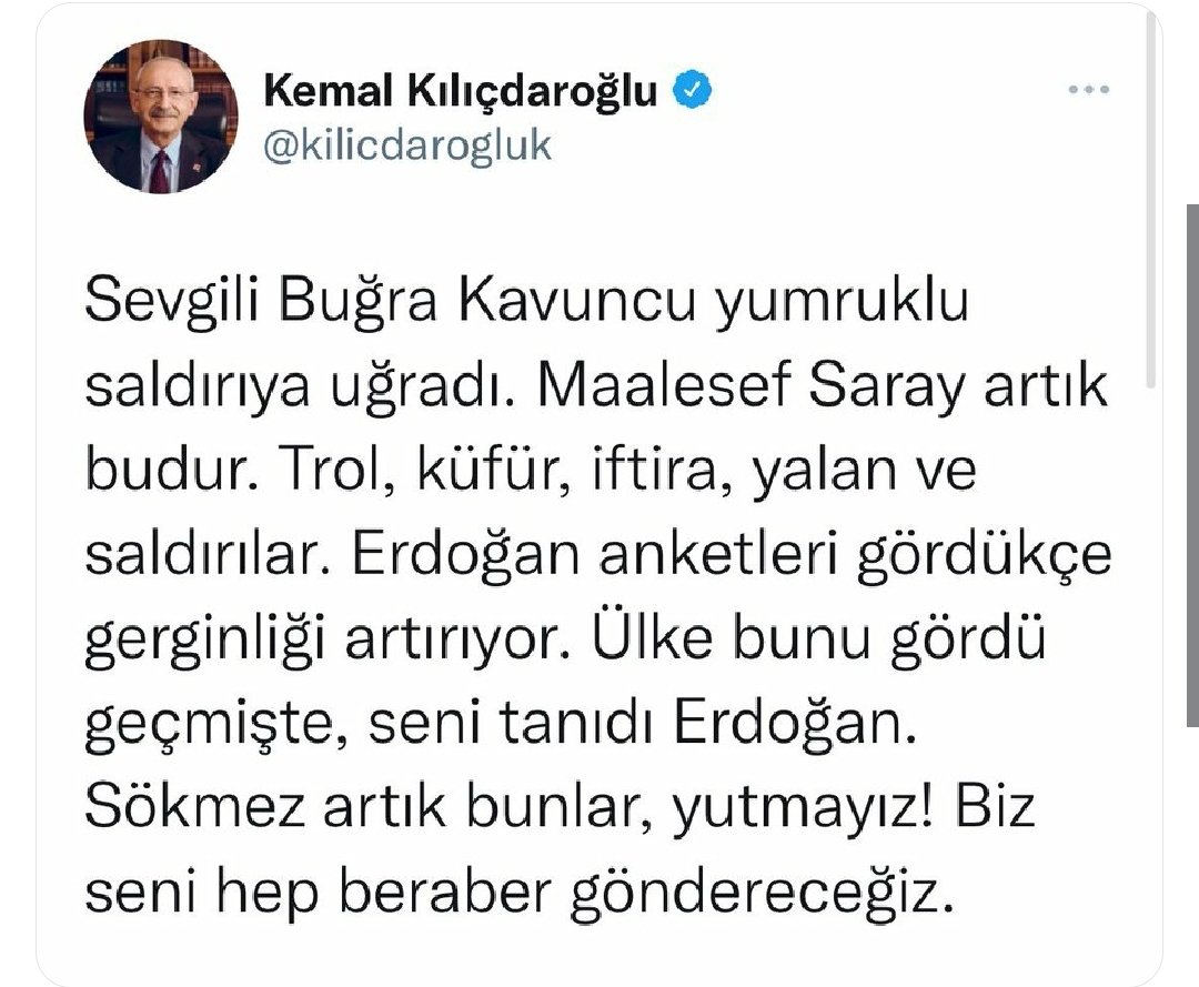 Biz sizi ana muhalefet lideri zannediyorduk, malesef siz halkı kin ve nefrete sürükleyen hedef gösteren bir bölücülük yapıyorsunuz
Halk çözüm odaklı siyaset bekliyor. 
Ana Muhalef olarak sizin yapamadığınız biz yapacağız birleştirici olacağız. 
#huzurluvatan #huzurluinsan