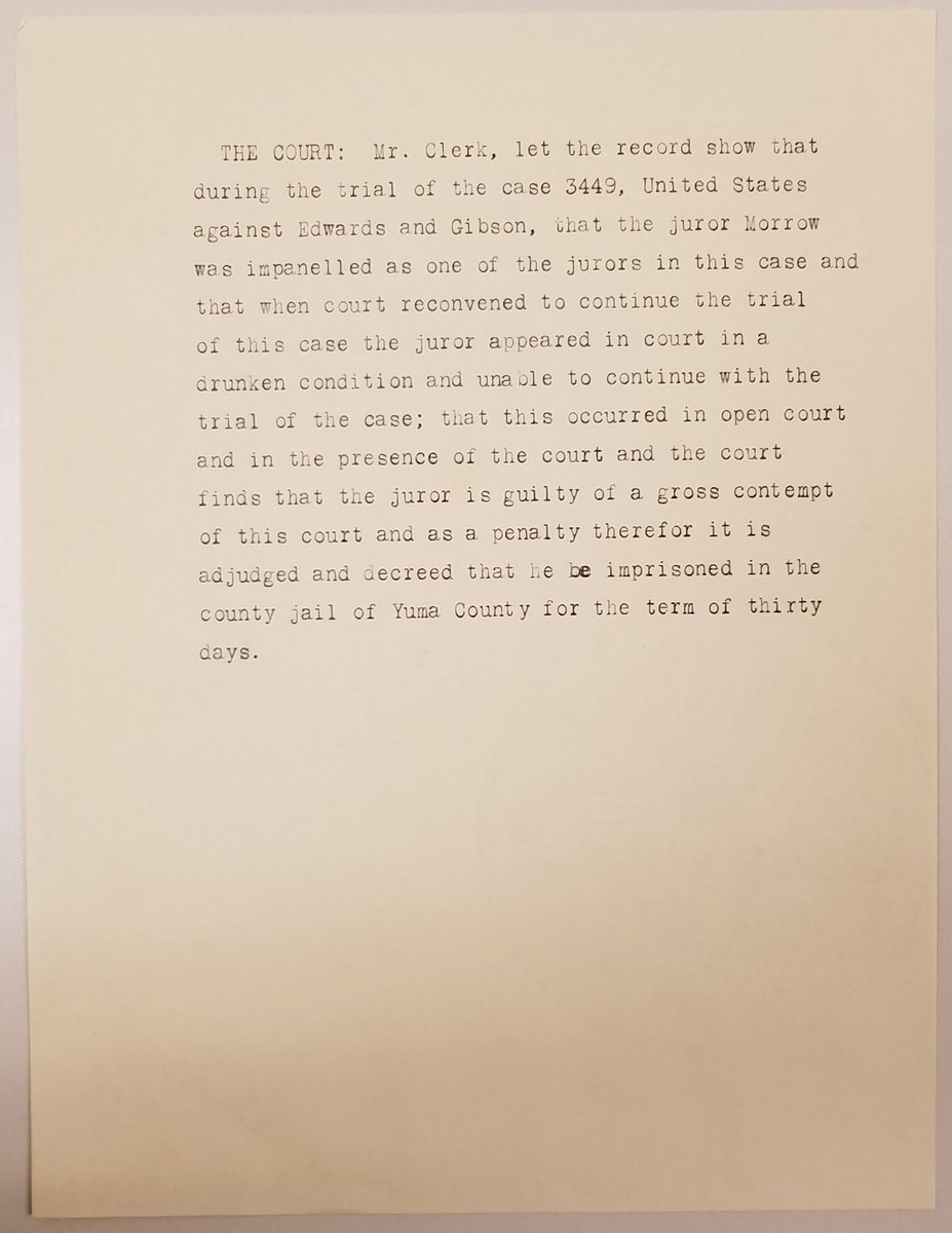 NARiverside's tweet image. Write up for all:

1928 Judson D. Morrow is found guilty of “gross contempt of court”, but the #ArchivesWaitWhat is because Morrow was a juror in a bootlegging case! 30 days in the Yuma County Jail. Oh #ArizonaHistory of the #ProhibitionEra