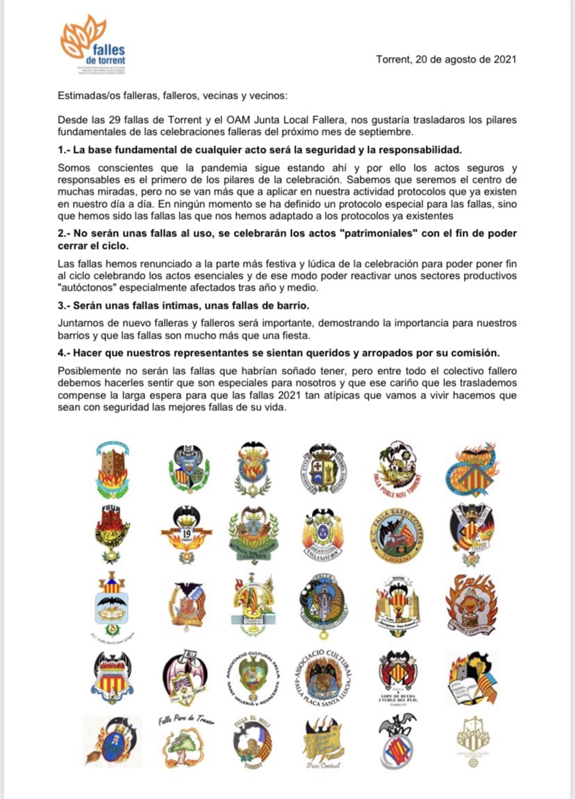 fallesdeTorrent's tweet image. 📣Les 29 comissions falleres de la nostra ciutat, junt amb Junta Local Fallera de Torrent, volen fer arribar a tota la població torrentina, fallers i no fallers, les bases fonamentals de la celebració en els pròxims dies de les Falles 2021🔥
#fallesdetorrent #falles2021
