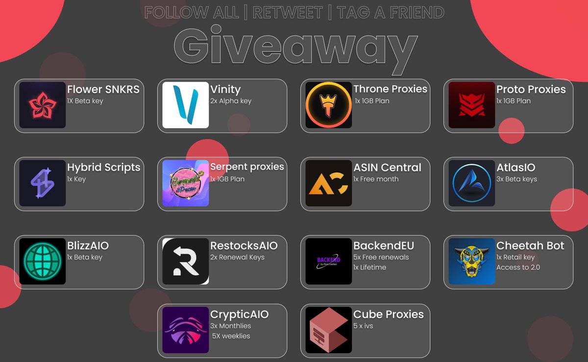 Hybrid Scripts (@hybrid_software) on Twitter photo 🚨GIVEAWAY ALERT🚨
👥FOLLOW ALL
🔁RETWEET
✏️TAG A FRIEND
@FlowerSNKRS
@VinityApp
<a href="/ThroneProxies/">Throne Proxies</a>
<a href="/protoproxy/">Proto Proxies</a>
<a href="/Hybrid_Software/">Hybrid Scripts</a>
<a href="/SerpentProxies/">Serpent</a>
<a href="/ASINCentral/">ASIN Central</a>
<a href="/atlasscript/">ATLAS IO</a>
<a href="/BlizzAIO/">BlizzAIO</a>
<a href="/RestocksAIO/">RestocksAIO (In-Stock)</a>
@backendEU
@theCheetahBot
<a href="/CrypticAIO/">Cryptic Proxies</a>
<a href="/CubeProxies/">Cube Proxies</a>
⚡️ ENDS IN 5 DAYS, GL! ⚡️ 🚨GIVEAWAY ALERT🚨
👥FOLLOW ALL
🔁RETWEET
✏️TAG A FRIEND
@FlowerSNKRS
@VinityApp
<a href="/ThroneProxies/">Throne Proxies</a>
<a href="/protoproxy/">Proto Proxies</a>
<a href="/Hybrid_Software/">Hybrid Scripts</a>
<a href="/SerpentProxies/">Serpent</a>
<a href="/ASINCentral/">ASIN Central</a>
<a href="/atlasscript/">ATLAS IO</a>
<a href="/BlizzAIO/">BlizzAIO</a>
<a href="/RestocksAIO/">RestocksAIO (In-Stock)</a>
@backendEU
@theCheetahBot
<a href="/CrypticAIO/">Cryptic Proxies</a>
<a href="/CubeProxies/">Cube Proxies</a>
⚡️ ENDS IN 5 DAYS, GL! ⚡️