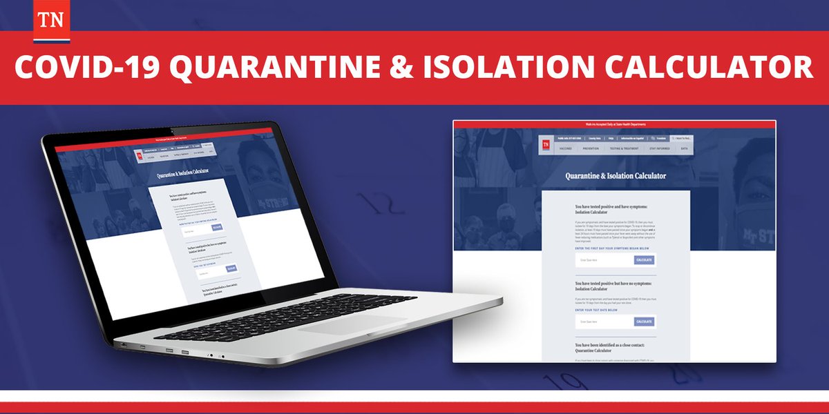 TNDeptofHealth's tweet photo. Have you been exposed to COVID-19 or tested positive? Our https://t.co/175fK12fR4 website provides a quarantine and isolation calculator to determine the amount of time needed to quarantine or isolate from others. Check out the calculators here: https://t.co/RgHyGP1vK1 https://t.co/kCVWvghDxZ