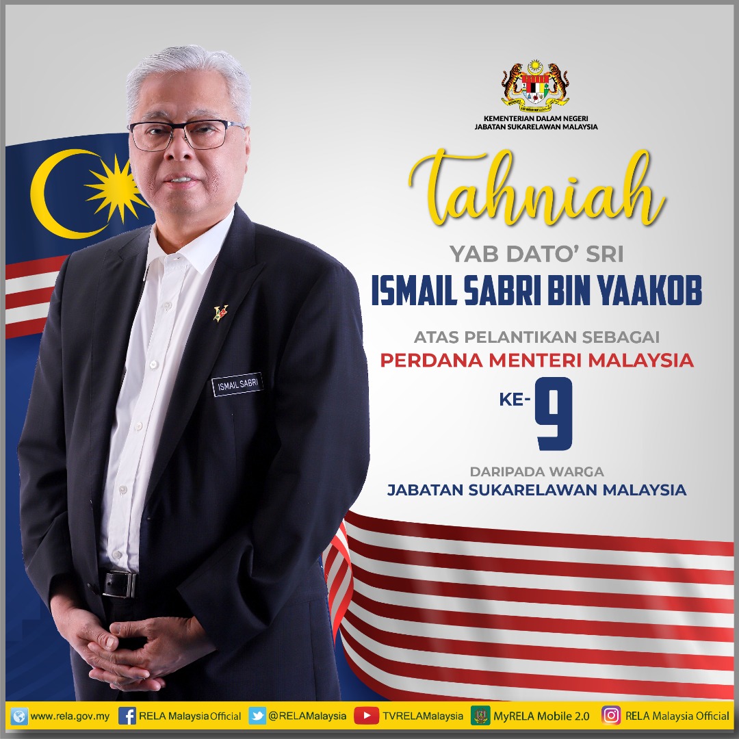 Tahniah kepada YAB Dato' Sri Ismail Sabri Yaakob di atas pelantikan sebagai Perdana Menteri Malaysia ke-9.
#PM9
<a href="/IsmailSabri60/">Ismail Sabri</a> <a href="/KDNPUTRAJAYA/">KDN🇲🇾</a> <a href="/wandahlan/">Wan Ahmad Dahlan</a> <a href="/yahyakgc/">Yahya Sulaiman</a> <a href="/SazaliZin/">Mohd Sazali Mohd Zin</a>