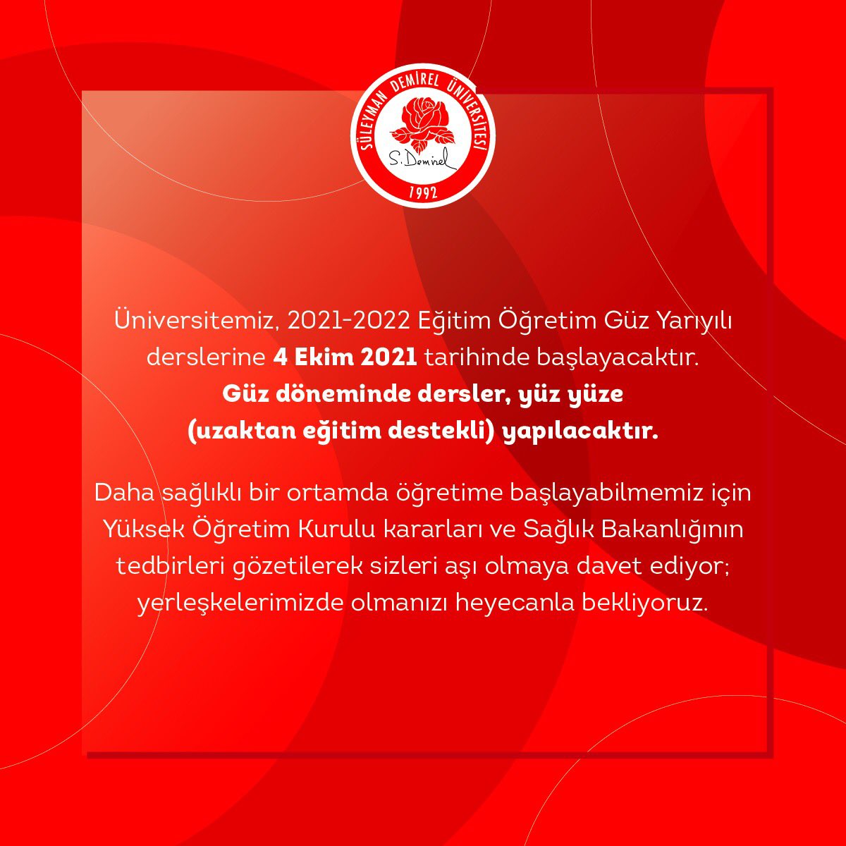 2021-2022 Güz Döneminde Yüz Yüze (Uzaktan Eğitim Destekli) Eğitim Modeli Uygulanacak #sdü
