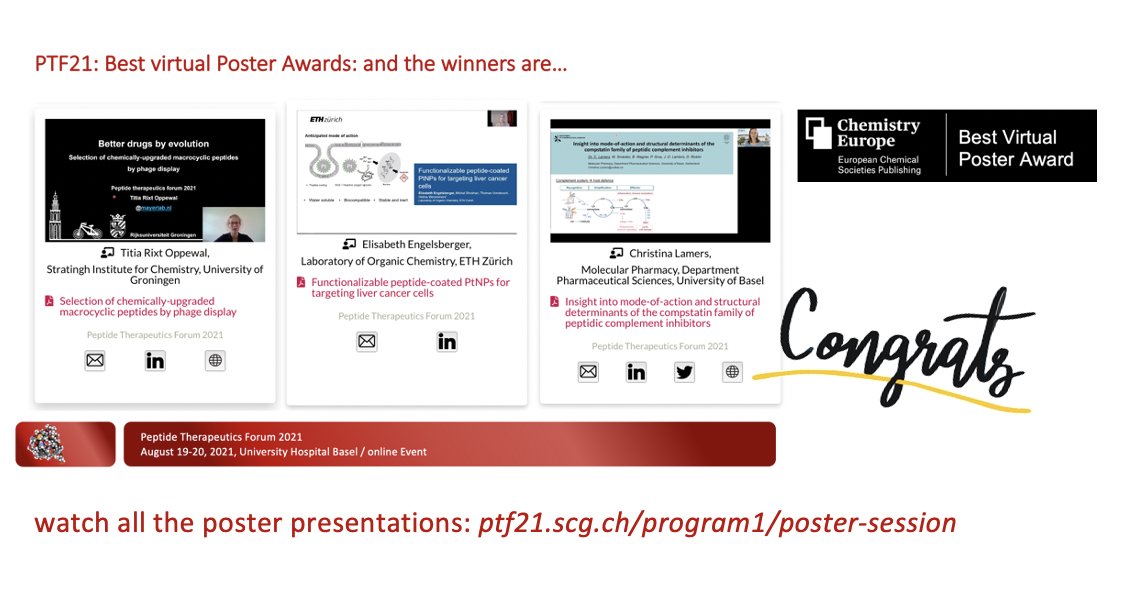 SwissChemistry's tweet photo. 🏆Congratulations to the three winners of the Best Virtual Poster Award, sponsored by @ChemEurope 
- Titia Rixt Oppewal
- Elisabeth Engelsberger
- Christina Lamers
➡️watch their presentations online again: https://t.co/UkZ4q3IG90

#ptf21 #chemistry #dmccb https://t.co/pzYEB6KOyL