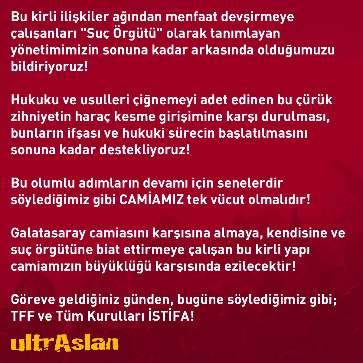 Göreve geldiğiniz günden, bugüne söylediğimiz gibi; TFF ve Tüm Kurulları İSTİFA! 
#ultrAslan #uAYurtiçi #uAYüksekova
#GalatasarayDüşmanıTFF