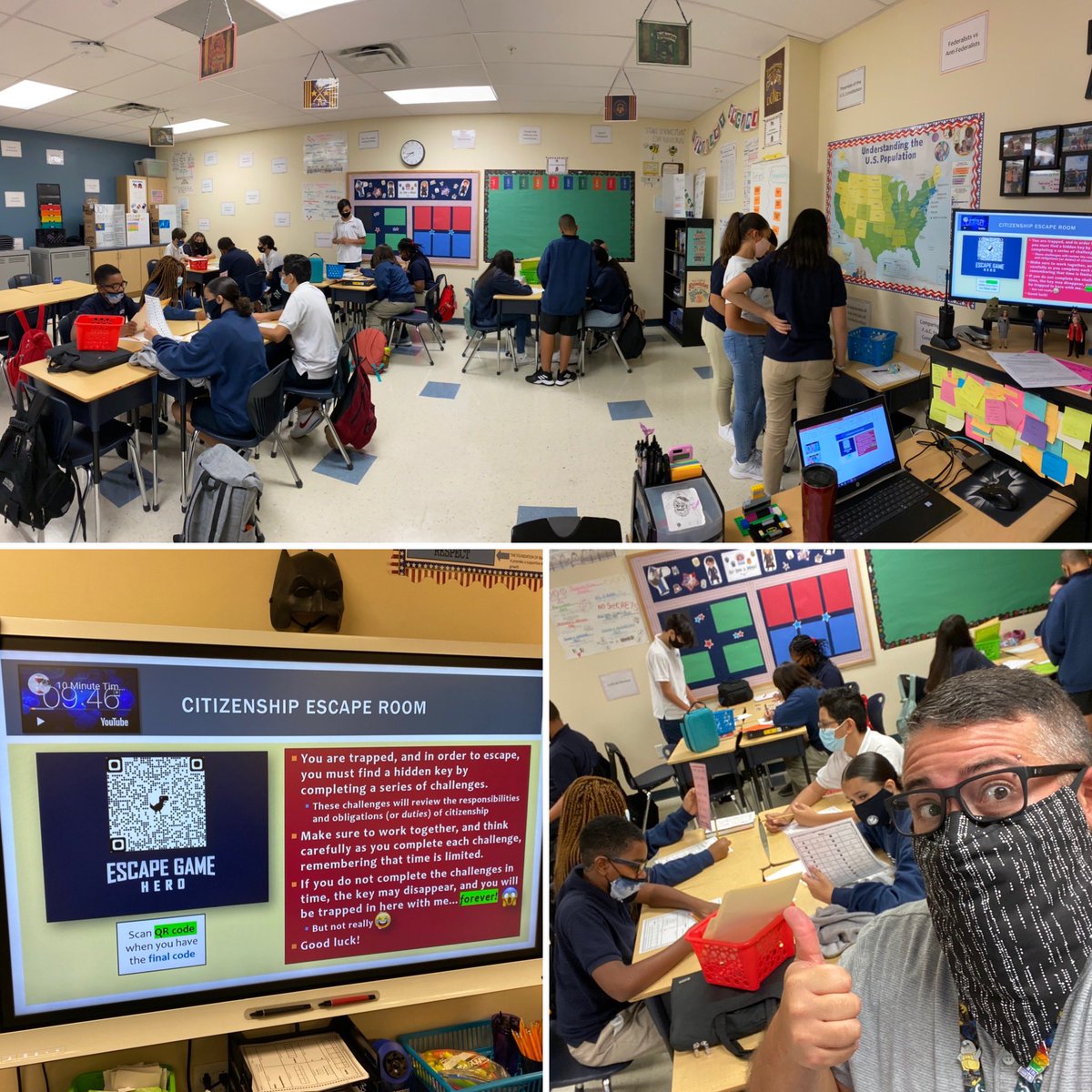 kujonicus's tweet photo. The first annual Citizenship Escape Room has BEGUN!

My kids are locked in here with me until they can collaboratively solve 7️⃣ interconnected puzzles and challenges relating civic duties and responsibilities! 

We’re doing it 🆒 this year in the @rcssummit Civics Lab https://t.co/8fbxaiNzoP