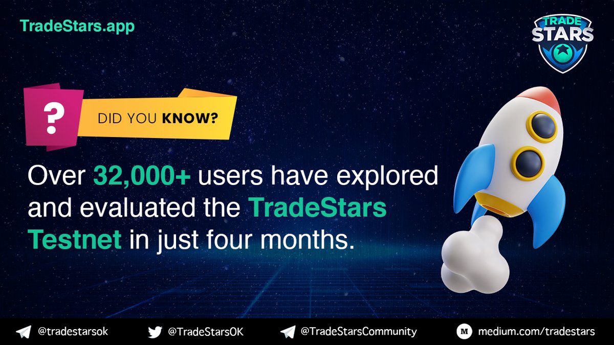 DID YOU KNOW❓

🚀 Just four months into the #TradeStars Testnet Release, and already 32,000+ users have explored and evaluated the Testnet. Our platform has since then been shaped and upgraded thanks to the crucial feedback from the users.

📌 Learn more: tradestars.app