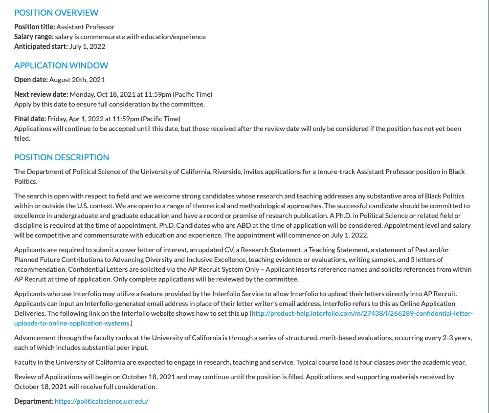 dadakim's tweet photo. 🗣️The @UCRiverside Political Science Department is thrilled to be recruiting an ASSISTANT PROFESSOR IN BLACK POLITICS, subfield open. Review of applications begins October 18. I'm chairing the search committee &amp; happy to answer questions.💫 #psjminfo

https://t.co/VHyrp4kpvY https://t.co/xI5oZ1Uq7M