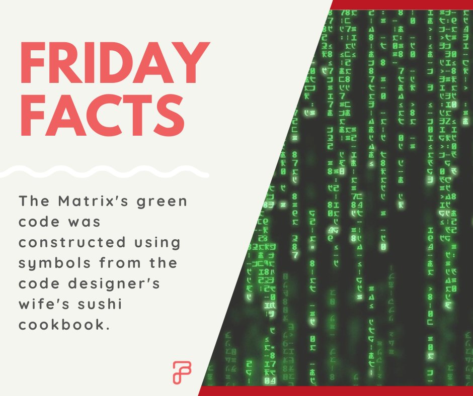 FrontlineLocal's tweet photo. #FRIDAYFACTSWITHFRONTLINE

The Matrix's green code was constructed using symbols from the code designer's wife's sushi cookbook.

#frontlinelocal #socialmedia #digitalmarketing #digitalnomads #websitedesign #graphicdesign #northcarolina #marketing https://t.co/dwKy0CCiMg
