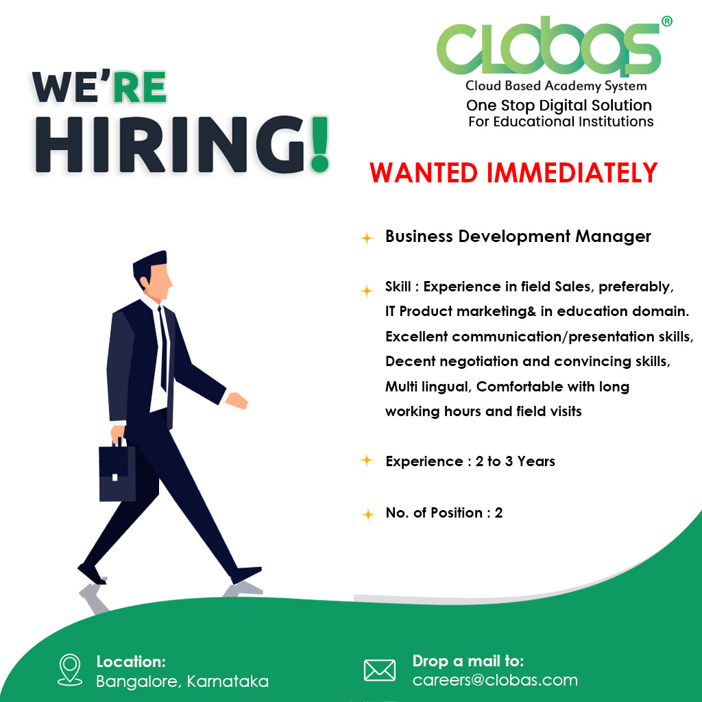ClobasPvtLtd's tweet photo. Urgent Hirings! Excellent Opportunity for all the job seekers!  Interested &amp; eligible candidates can share their resumes on careers@clobas.com
Contact No.- +919841037205
Feel free to ask any queries.
#Clobas #FreshersJobs #CloudComputing #Education #Technology #Hirings https://t.co/SbtYf4X03x