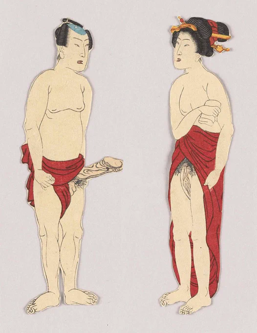 着脱可能な紙製の春画のおもちゃの人形が江戸時代にあったのだが、脱がせると何故かおちんがフンドシからはみ出ている。 