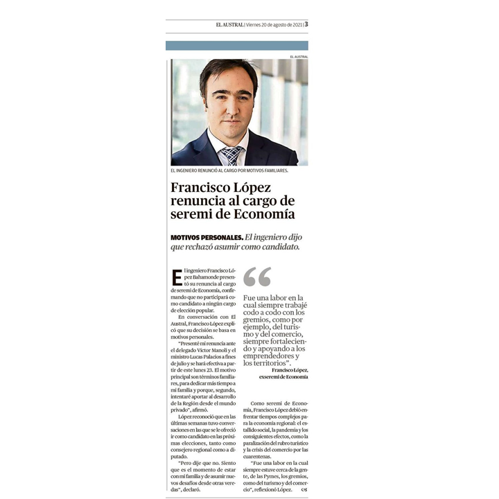 Estimados amigos: les comparto esta noticia publicada hoy en el <a href="/AustralTemuco/">Diario El Austral</a> 📌 Francisco López renuncia al cargo de Seremi de Economía australtemuco.cl/impresa/2021/0…