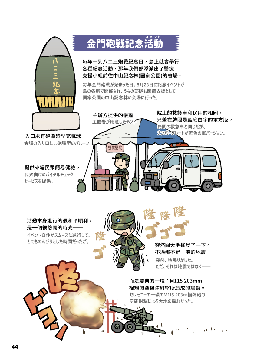 野戦医院には十数台のハンヴィー救急車、一台のM151の他に、普通タイプの救急車が一台ありました。

あだ名は「小白(白ちゃん)」(外観から)
普通の友軍支援、民間演習の任務なら白ちゃんが出動しますが、正式な軍事演習ならハンヴィー救急車総出になります。 