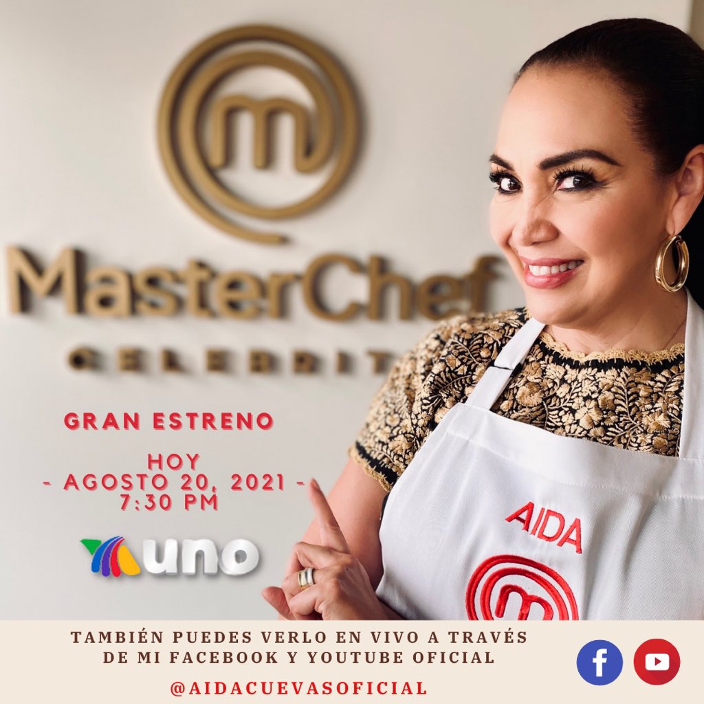 AidaCuevas's tweet photo. ¡Se llegó el gran día de estreno! HOY @MasterChefMx #Celebrity a las 7:30 pm por @AztecaUNO y mis redes oficiales de Facebook y YouTube 👩🏻‍🍳🥂🙌🏼

#AidaCuevas #MasterChef #Estreno #MasterChefCelebrity https://t.co/evwSBJFiKB
