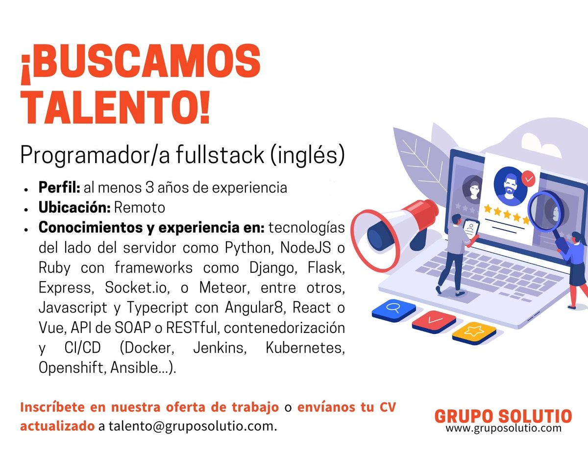 Grupo_Solutio's tweet image. Incorporamos a un/a #ProgramadorFullStack con inglés para oportunidad laboral 100% en remoto.
➡Aplica aquí: bit.ly/3xY8KL2
➡Mándanos tu CV a talento@gruposolutio.com
#SolutioTalent #Programador #Programadora #FullStackDeveloper #frontend #empleosit #itjobs