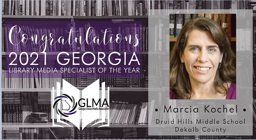 🎉The Dept. of Educational Media &amp; Instructional Materials is pleased to announce that Ms. Marcia Kochel, the 2021 DCSD Library Media Specialist of the Year (LMSOTY), has been named the 2021 Georgia LMSOTY. Ms. Kochel is the teacher-librarian/media specialist at Druid Hills MS.