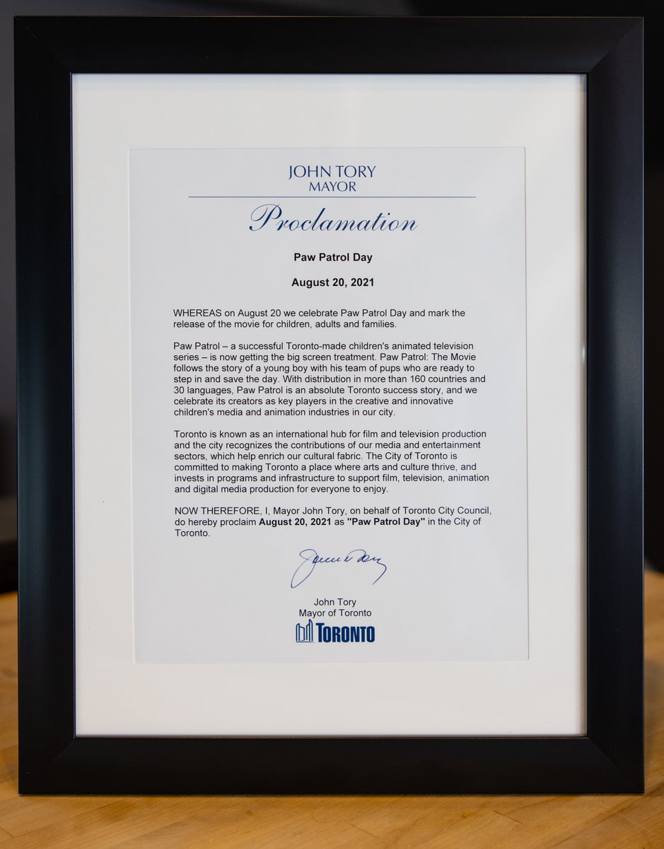 To celebrate the release of #PAWPatrolMovie , the Mayor of <a href="/Toronto/">T O R O N T O 🍁</a> has proclaimed today to be PAW PATROL DAY in the city of Toronto! Thanks <a href="/JohnTory/">John Tory</a> it's an honour!