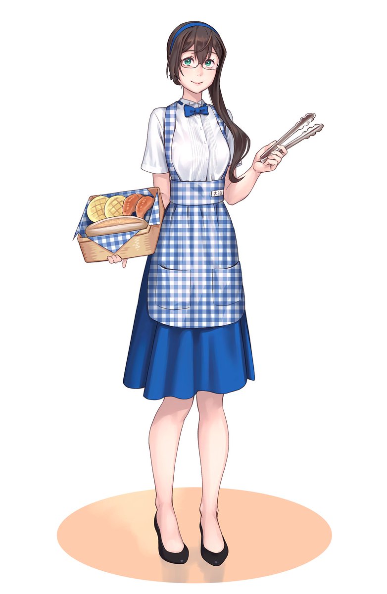 ooyodo (kancolle) 1girl solo blue apron full body hairband basket long hair  illustration images