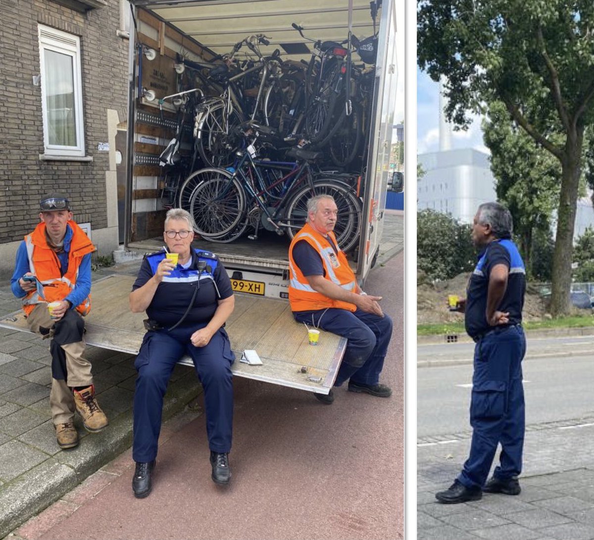 Handhaving_010's tweet photo. Collega’s WijkBeheer hebben samen met collega’s van #MAGIS010 #Wolphaertsbocht #Carnisse #Tarwewijk in totaal 84 fietswrakken verwijderd, waarvan er 3 fietsen gestolen waren. Daarna was het effe tijd voor een bakkie😅
#Samenwerking^OS https://t.co/txLwrou1gJ