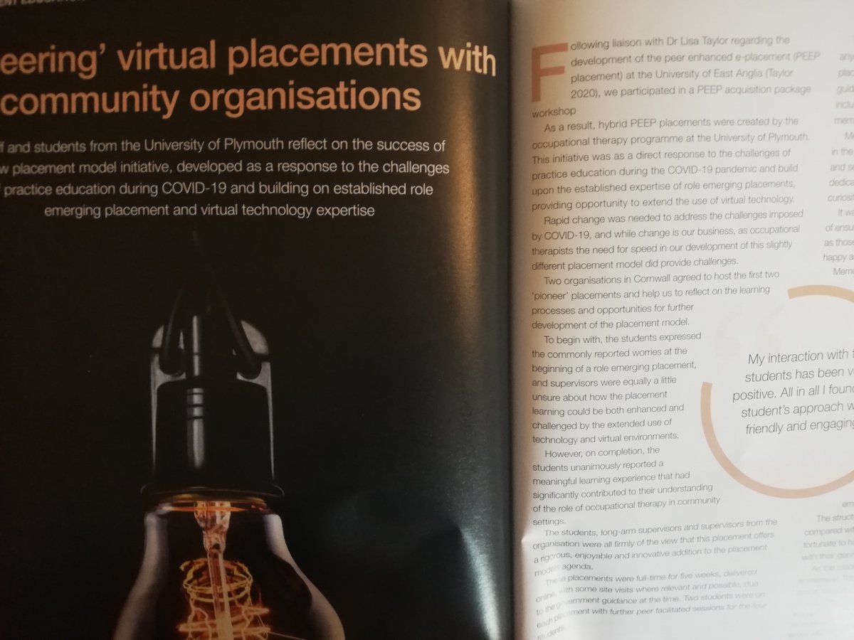 drlisataylor's tweet image. Great to see the @OTPlymouthUni hybrid #PEEPModel in this month&apos;s @OTnews by @alisonfwarren &amp;amp; her academic &amp;amp; student colleagues  supported by @NHS_HealthEdEng CPEP funding @gillysalmon @BeverleyHarden @D_MARSDEN_OT @agclayland @OT_UEA @theRCOT