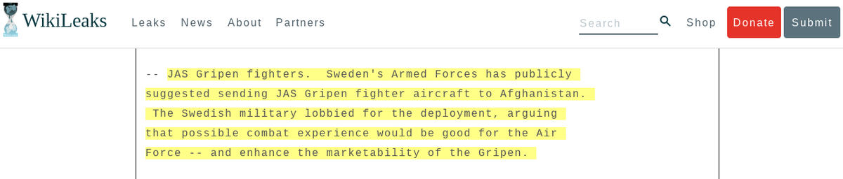 wikileaks's tweet photo. US Cable: Sweden wanted to bomb #Afghanistan in order to 'enhance the marketability' of their new Gripen fighter jets

Link: https://t.co/FFy8cbSJDs https://t.co/1SKk4Edl38