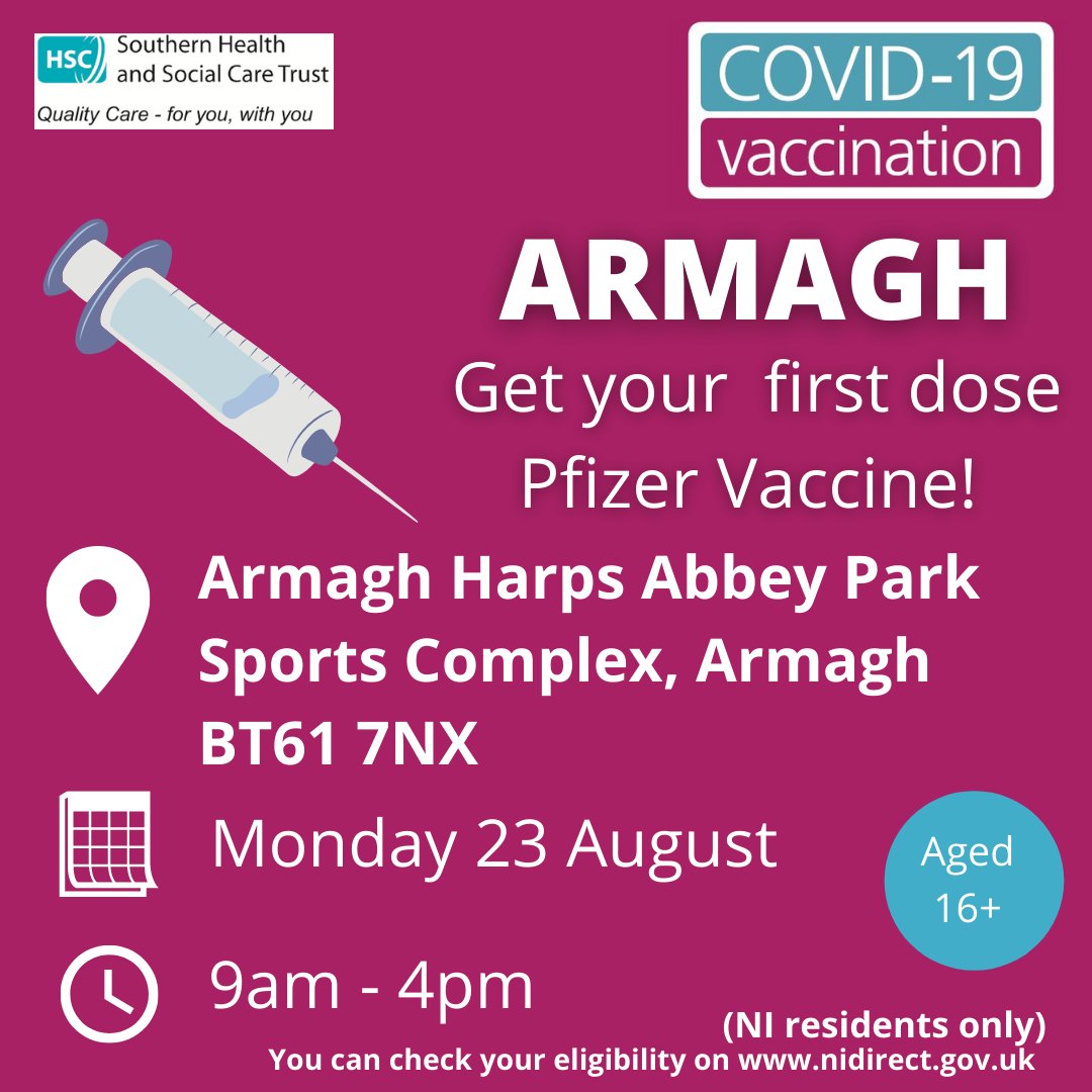 SouthernHSCT's tweet photo. Missed out on the #BigJabWeekend? Our pop up clinic is in Armagh today so get along and #GrabAJab 

@abcb_council @ArmaghI
@Armagh_GAA @PSNIABC #teamSHSCT https://t.co/RXLh0XBdRP