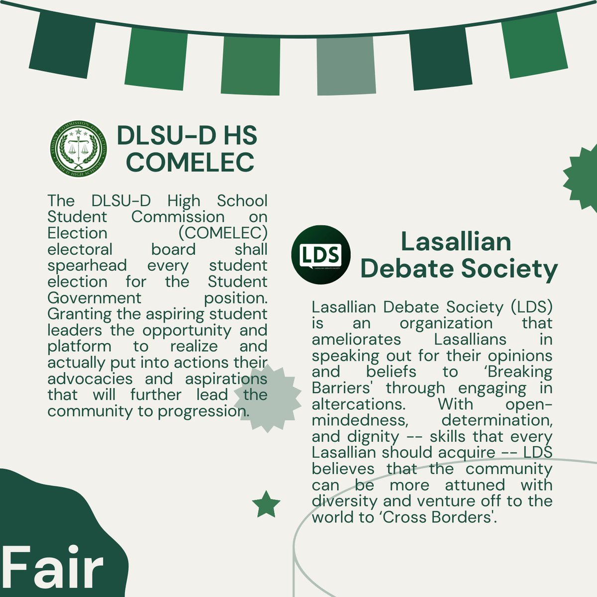 viridescent_hs's tweet photo. Missed the #OrgFair? Here are the different ๐๐๐๐-๐ ๐๐๐ Organizations & Clubs.๐ฆ๐๐๐ก
Apply now! Below are their social media handles & recruitment links. ๐
Pubmat by: Kael Julio
#OrgFair2021 #DLSUDSHS2021 #DLSUDSHSOrgFair2021 https://t.co/K1efYiinr3