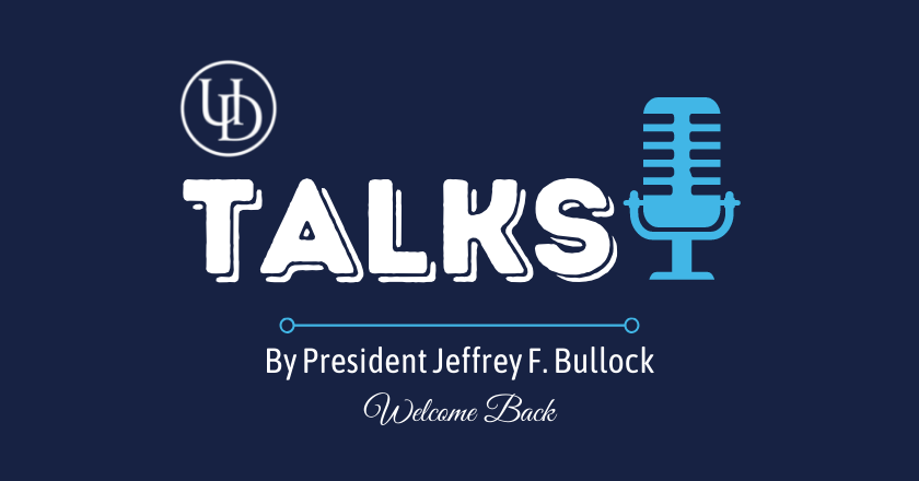 UDubuque's tweet photo. President Bullock officially welcomes everyone back for the 2021-2022 academic year in today’s #UDTalks and shares a special message with our #UDubuque family. Video: https://t.co/6G0JUZVheL https://t.co/xe7ngYu4l3