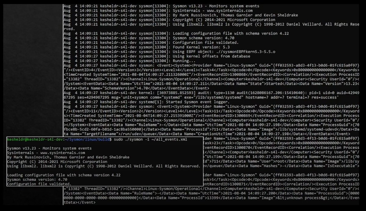 Cyb3rWard0g's tweet image. A sneak peek of #Sysmon for Linux 💥

Thank you @kevsecurity for your hard work and for sharing your research @eBPFsummit ! #ebpf #eBPFSummit 

🚨 Release scheduled for early October 2021 🚨

Looking forward to it 🍻 #MSTIC R&amp;amp;D team 😎